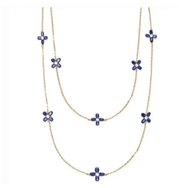 Auténtico collar largo de flores azules de cristal Swarovski de Tory Burch dorado y azul