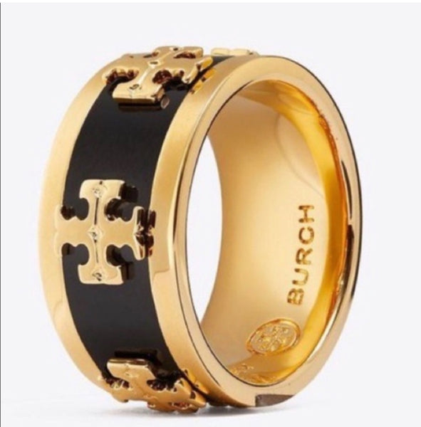 Tory Burch Wide Band Black Enamel With Raised Logo Ring Size 7
