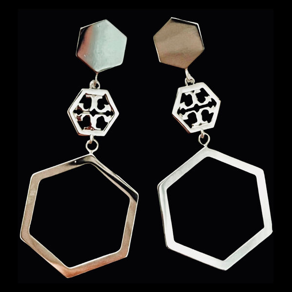 Tory Burch Geo Hexagon Logo Drop Shiny Silver Earrings