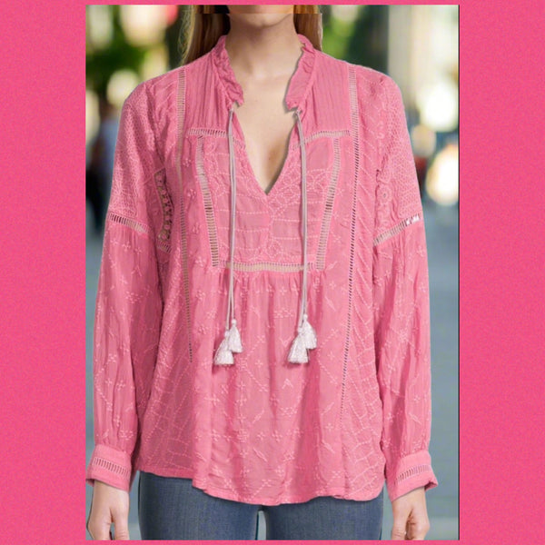 Johnny Was Gallery Blusa Agradable Bordada Denim Primavera Rosa Grande