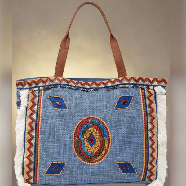 Sam Edelman Bolso tote con ribete de formas geométricas vibrantes de mezclilla con forma geométrica