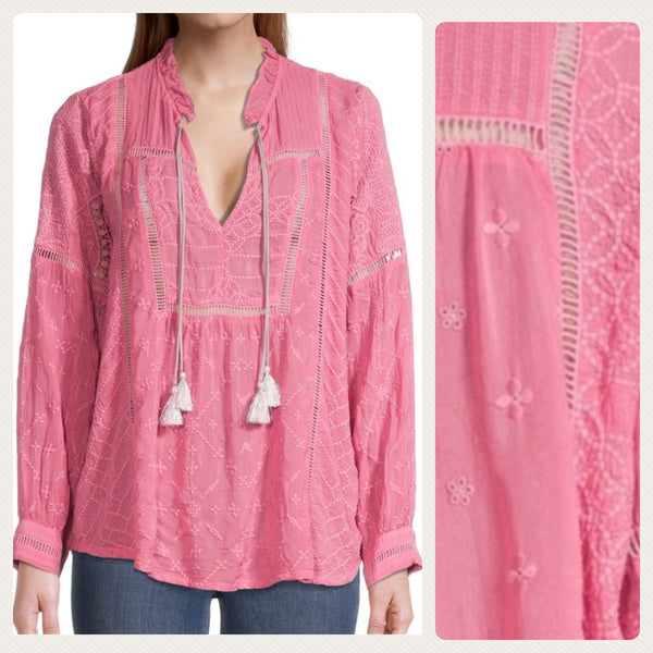 Johnny Was Gallery Blusa Agradable Bordada Denim Primavera Rosa Grande