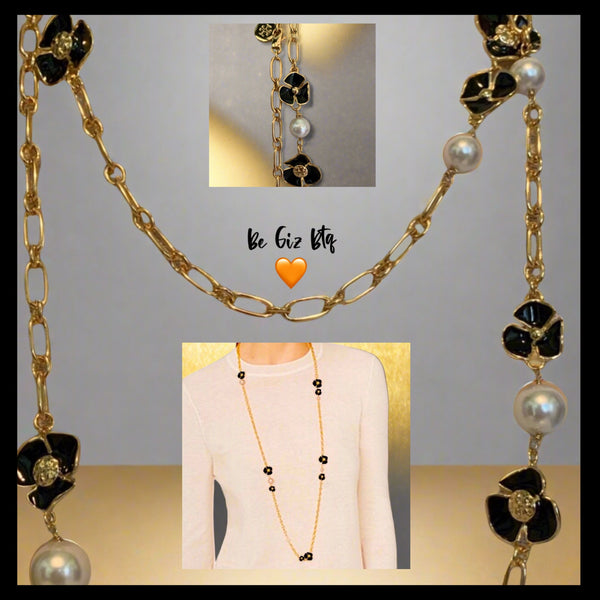 Tory Burch Flowers with Freshwater Pearls Long Necklace Gold & Black