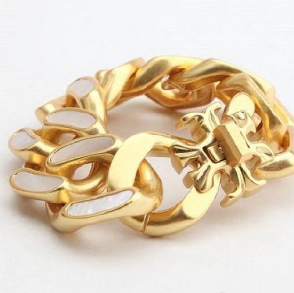 Tory Burch Roxanne Bracelet Chunky Inlay Gold and Mother of Pearl