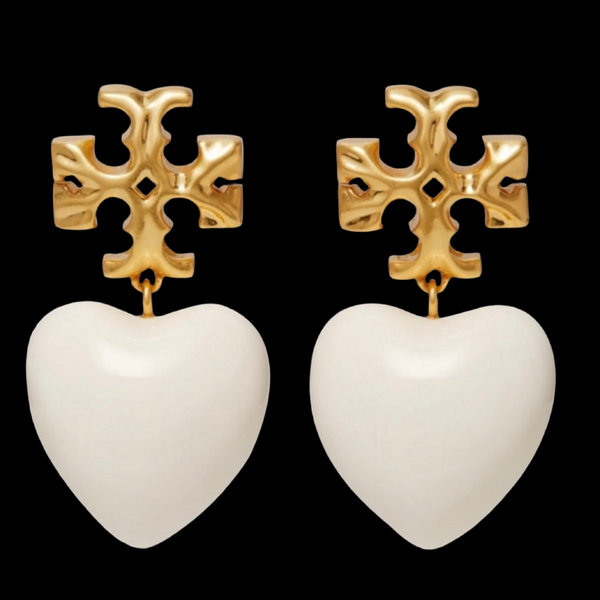 Tory Burch Roxanne Gold Tone And Resin Heart Drop Earrings In Ivory White