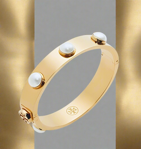 Tory Burch Metallic Pearl & Metal Logo Stud Swarovski Crystal Pearls Cuff Bracelet