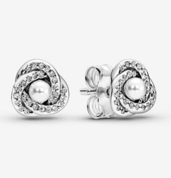 Pandora Luminous Love Knot Stud Earrings Sterling Silver with White Crystal Pearl and Clear Zirconia