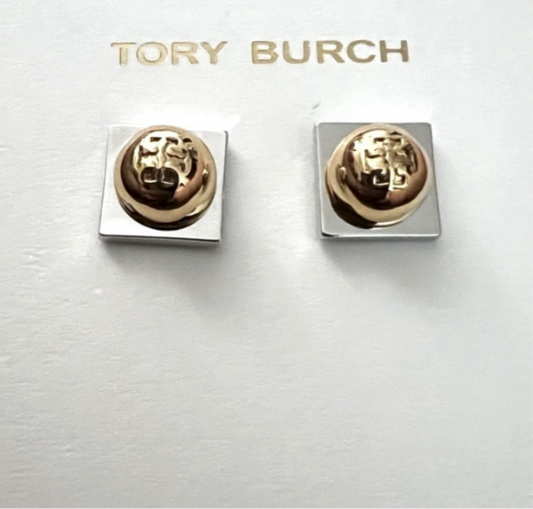 Tory Burch Women's Silver Block with T Logo Stud Earrings Silver And Gold