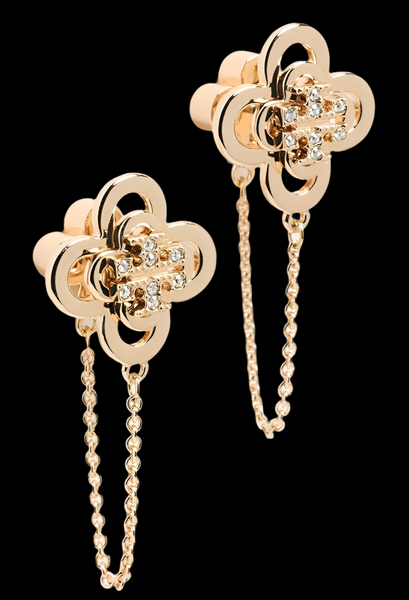 Tory Burch Kira Clover Front-Back Stud Earrings Gold with Crystals