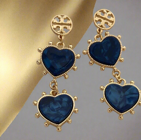 Tory Burch Logo Gold Plated Brass and Blue Lapis Stone Heart Drop Earrings