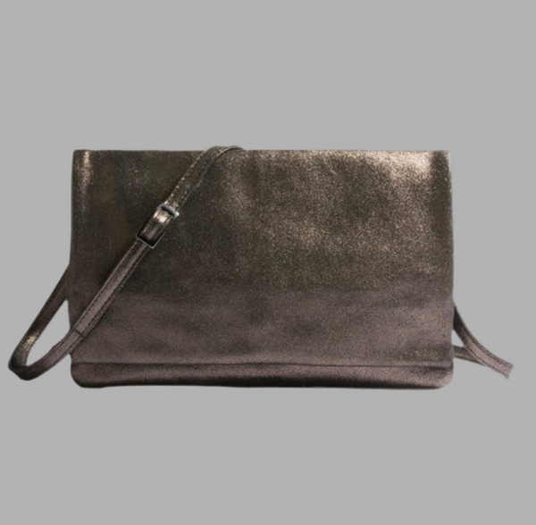 Johnny Was Gemma Laminated Suede Convertible Clutch Crossbody Bag Semi Metallic Bronze Tone