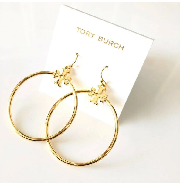 Tory Burch Metallic Gold Kira Stacked-T Logo Hoop Earring