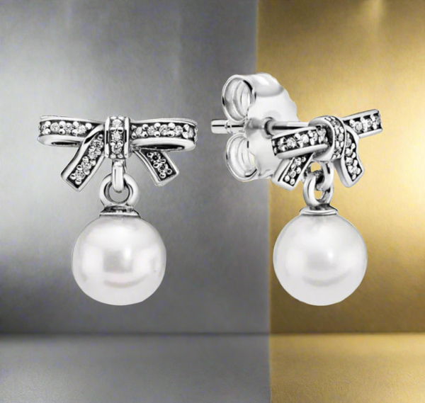 Pandora Silver Earrings Delicate Sentiments Pearl and Studded Rhinestones Silver Bow Earrings