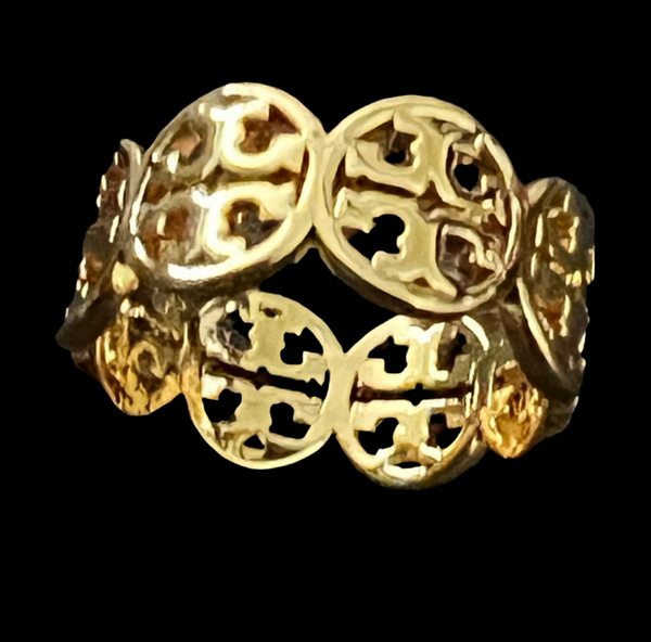 Tory Burch Gold Frozen Tory Logo Band Ring Size 6