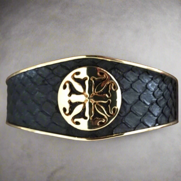 Rustic Cuff Bracelet with Black Faux Snake Pattern With Gold Emblem And Trim