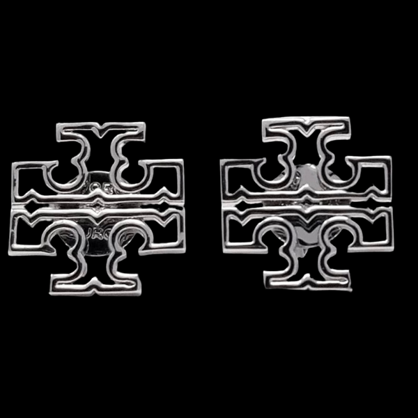 Tory Burch Britten Silver Stud Earrings In Rhodium Plated Polished Finish