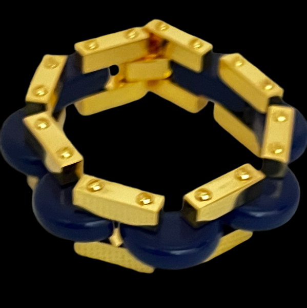 Tory Burch Chunky Polished Gold Chain Bracelet & Blue Enamel Inlays