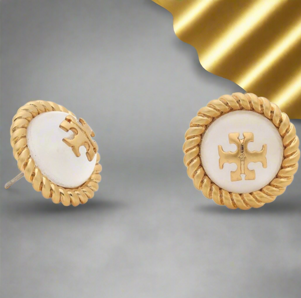 Tory Burch White Glass Cabochon Rope Gold Stud Earrings