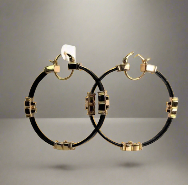 Tory Burch Gold Black Serif T & Leather Hoop Earrings