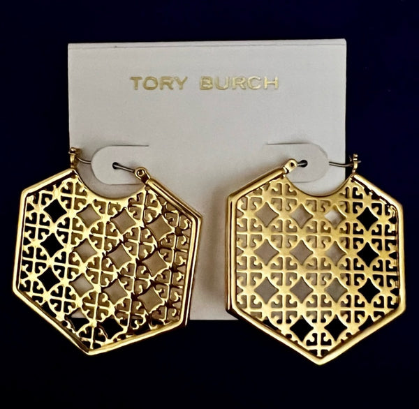 Tory Burch Shiny Gold Perforated Logo Hoop Earrings