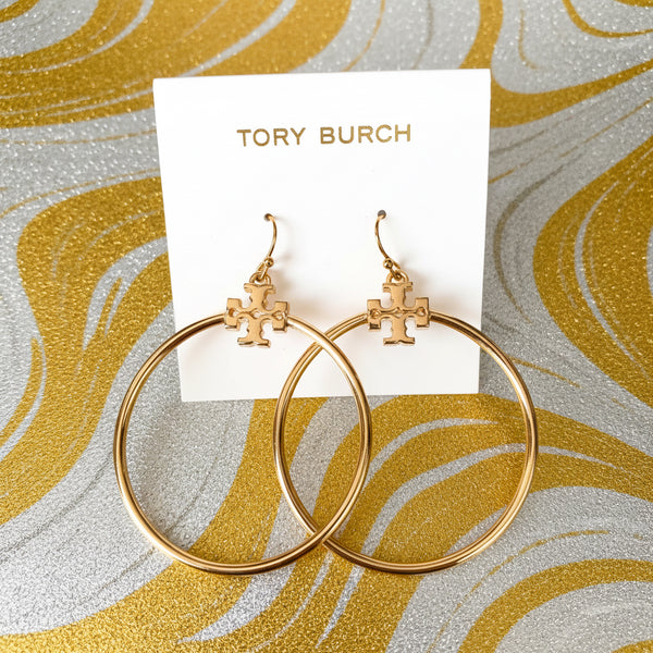 Tory Burch Metallic Gold Kira Stacked-T Logo Hoop Earring
