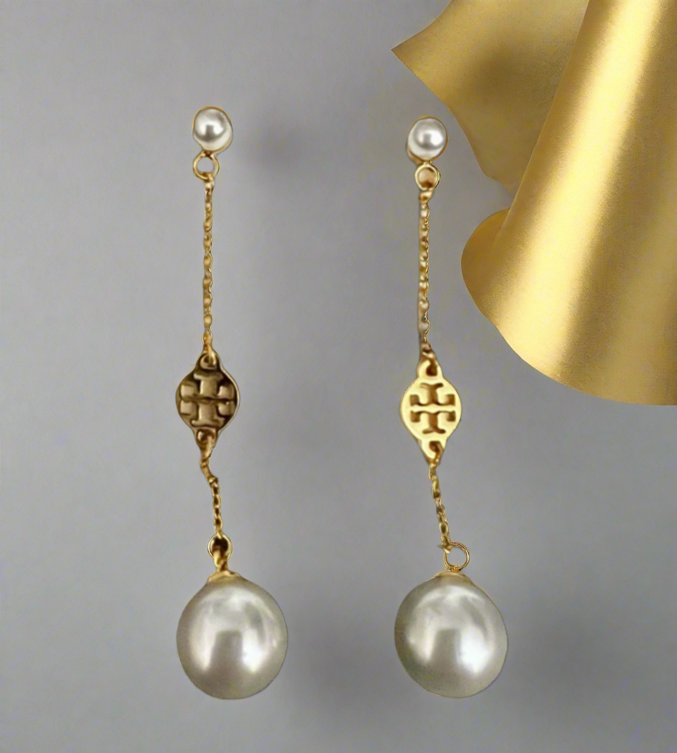 Tory Burch Delicate Pearl Logo Long Earrings