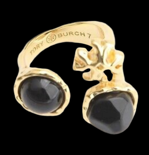 Tory Burch Roxanne Statement Ring Gold and Black Size 7 Adjustable up to Size 9