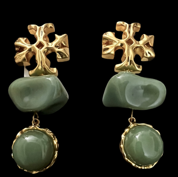 Tory Burch Roxanne Double Drop Earrings Gold Brass Green Azure