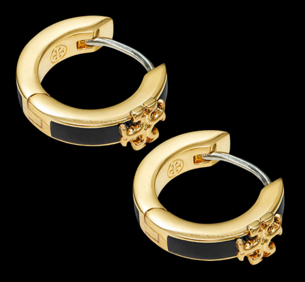 Tory Burch Kira Small Huggies Gold Tone And Black Enamel Hoop Earrings