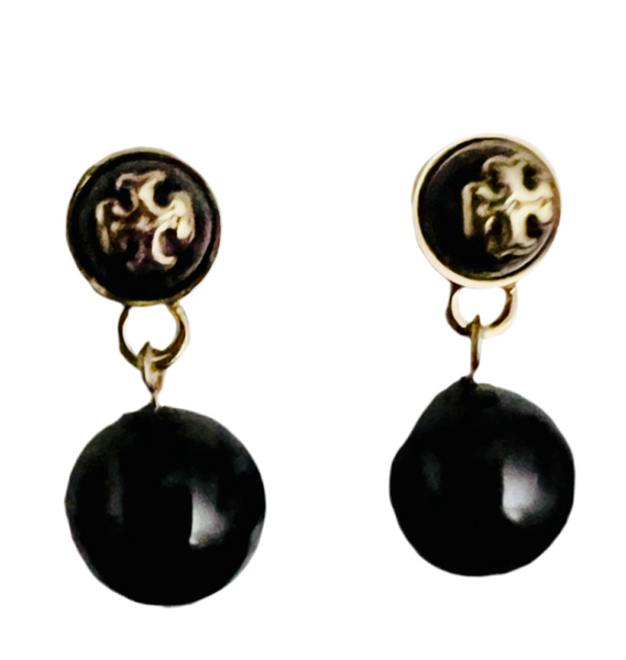 Tory Burch Black and Gold Saher Double-T Logos On Simulated Glass Pearls Drop Earrings