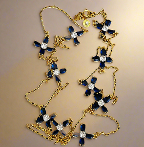 Tory Burch Long Swarovski Crystal Blue Flowers Necklace Gold & Blue