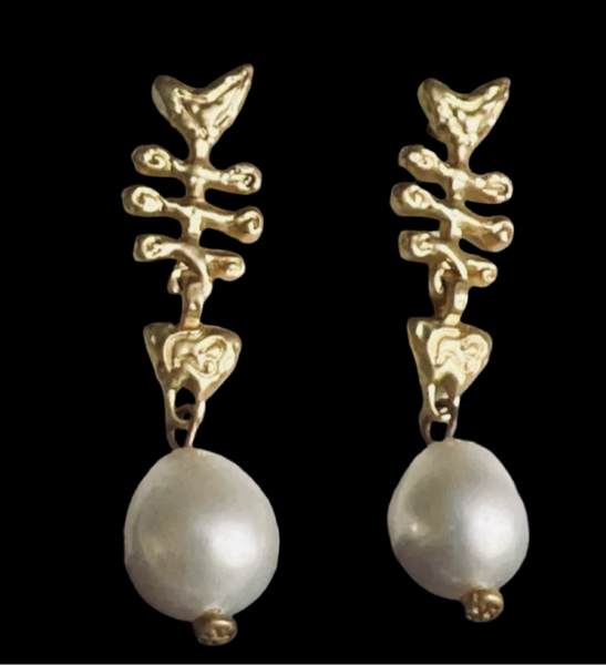 Tory Burch Golden Fish Bone with Mermaid Tails & Freshwater Pearl Earrings