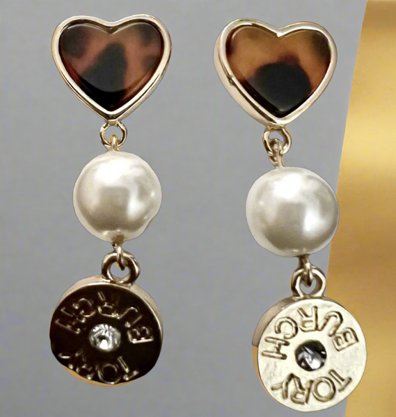 Tory Burch Logo Gold Plated Brass and Semi Precious Tortoise Heart Pearl Stone Drop Earrings