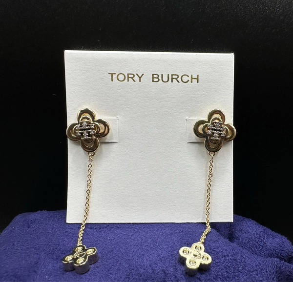 Tory Burch Kira Clover Front-Back Stud Earrings Gold with Crystals