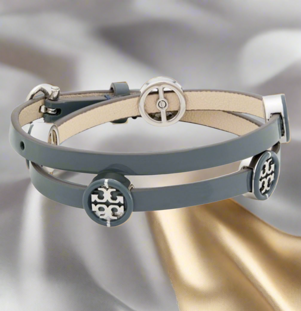 Tory Burch Miller Silver Tone Leather & Enamel Double Wrap Bracelet