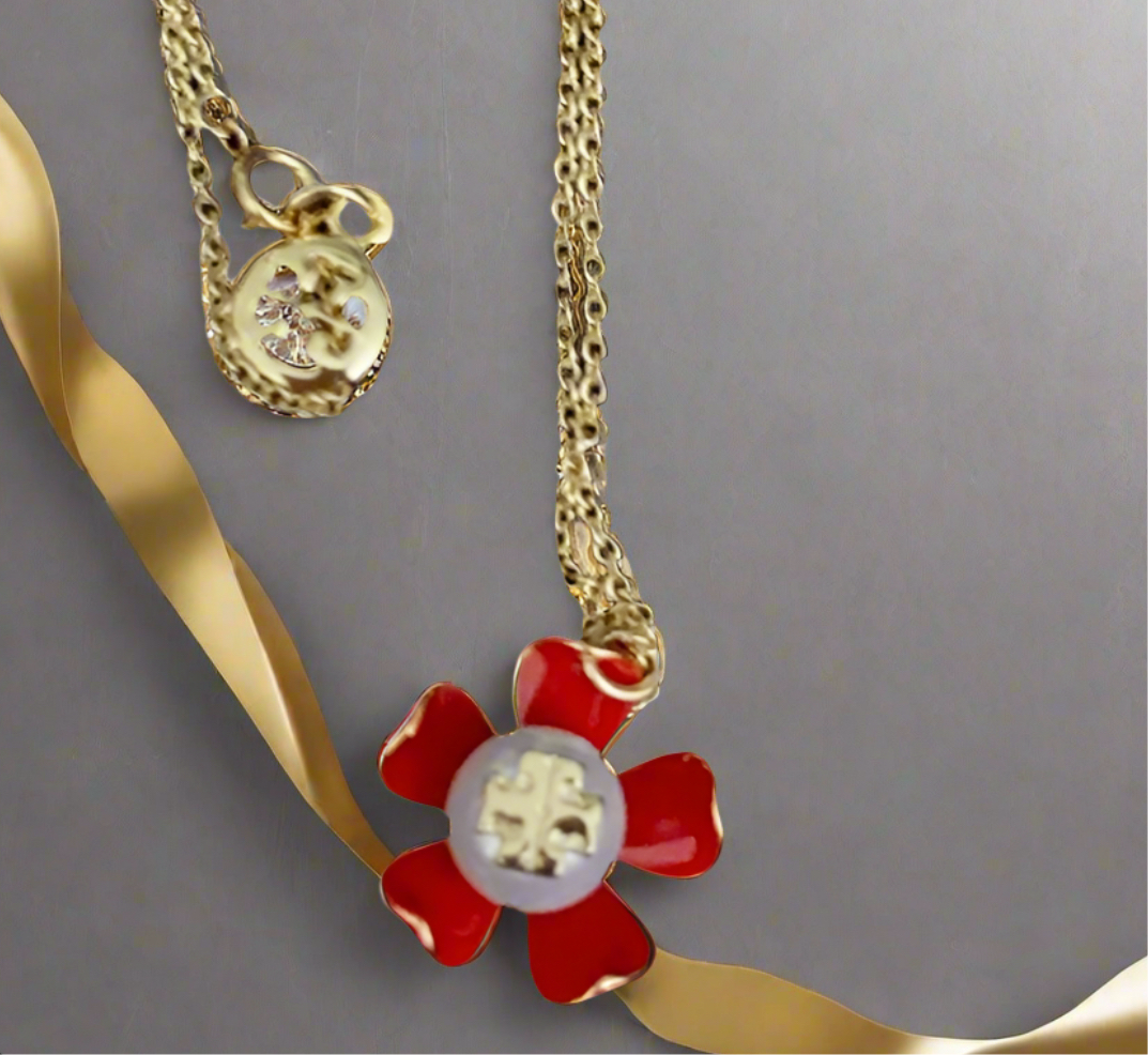 Tory Burch Gold And Samba Red Pearl Flower Necklace