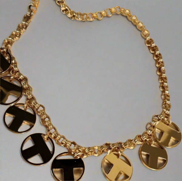 Tory Burch T Round Shiny Gold Charms Logo Necklace