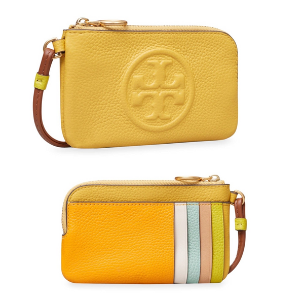 Tory Burch Perry Bombé Leather Color Block Zip Card Case Wristlet Yellow And Multicolor