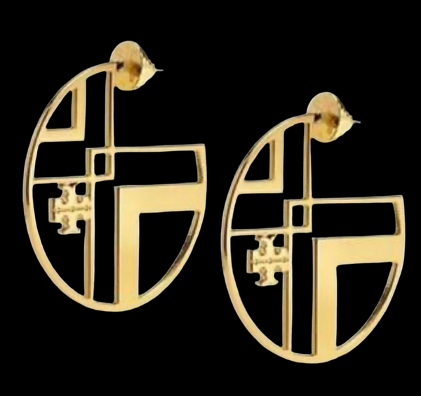 Tory Burch Chevron Cutout Hoop Earrings With Tory Logo Shiny Gold