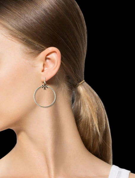Tory Burch Metallic Gold Kira Stacked-T Logo Hoop Earring