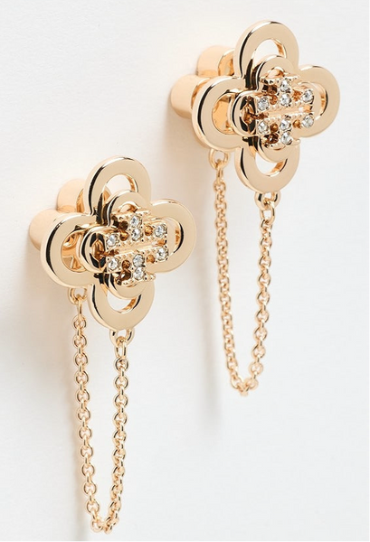 Tory Burch Kira Clover Front-Back Stud Earrings Gold with Crystals