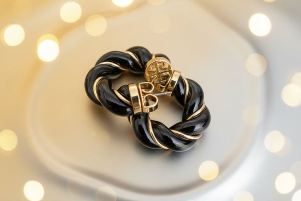 Tory Burch Black and Gold Textured Rope Hoop Earrings