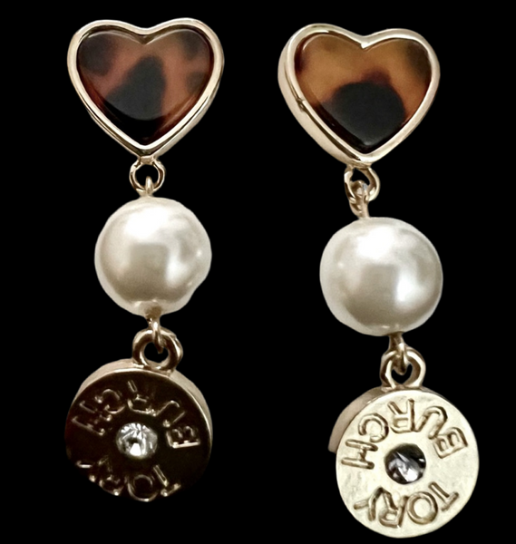 Tory Burch Logo Gold Plated Brass and Semi Precious Tortoise Heart Pearl Stone Drop Earrings