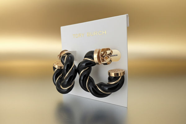 Tory Burch Black and Gold Textured Rope Hoop Earrings