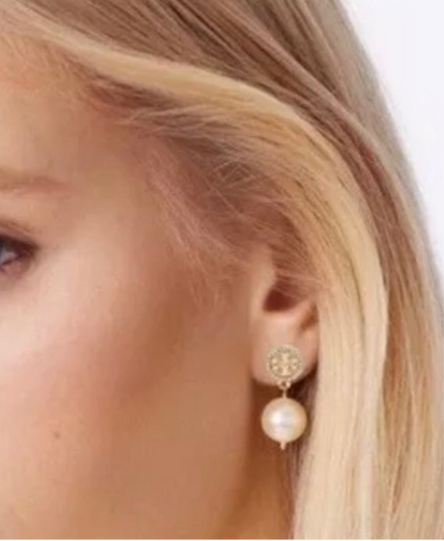 Tory Burch Crystal Logo Pearl Drop Earrings