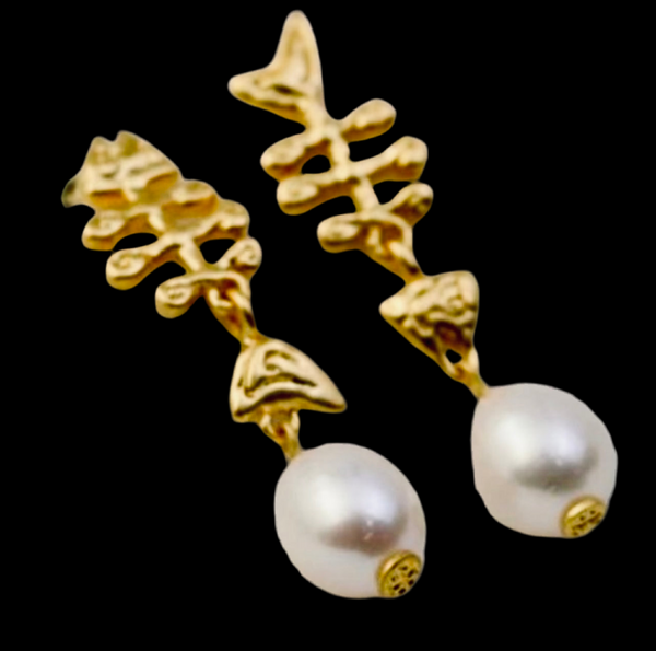 Tory Burch Golden Fish Bone with Mermaid Tails & Freshwater Pearl Earrings