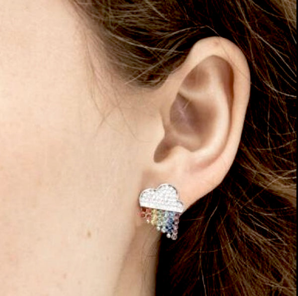 Kate Spade Into The Sky Raining Cloud Earrings Sliver Stud With Multicolor Crystals