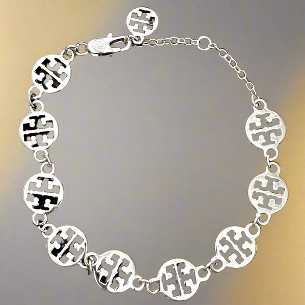 Tory Burch Silver Signature Logo Single Strand Logo Bracelet