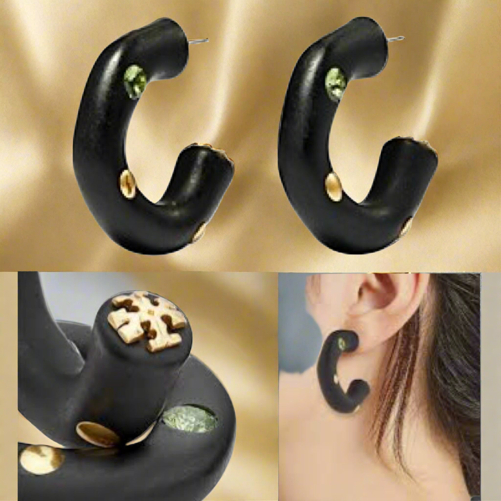 Tory Burch Roxanne Pavé & Stud Color C Hoop Earrings in 18K Gold Plated In Black And Resin Glass Crystals