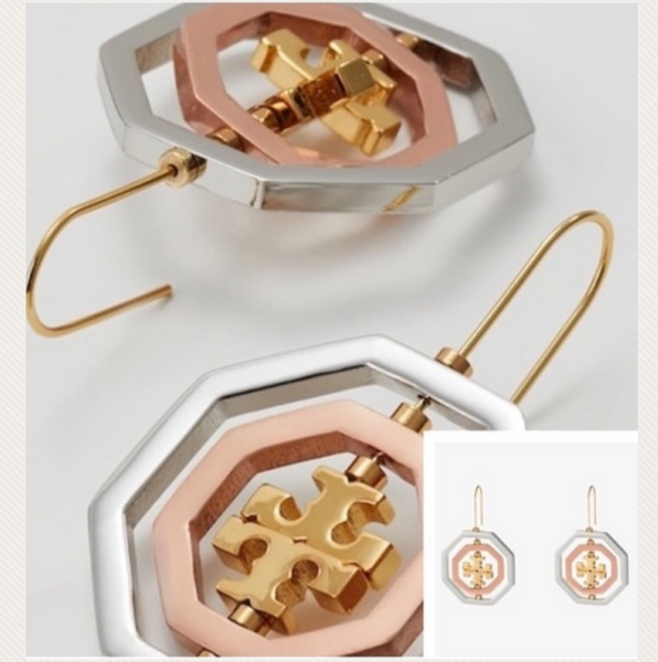 Tory Burch Rose Gold-Silver-Gold Rotating Geo Drop Logo Pierced Earrings